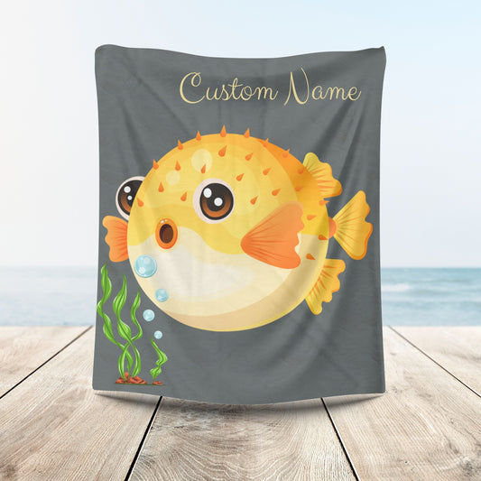 Cartoon Pufferfish with seaweed Velveteen Plush Blanket