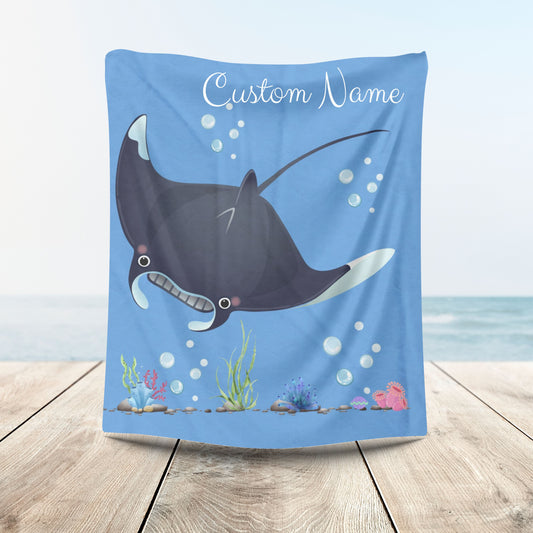 Manta ray with bubbles and coral reef Velveteen Plush Blanket