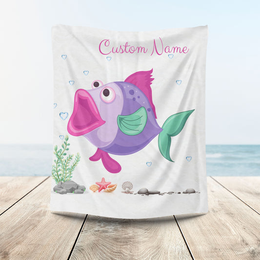 Fish with open mouth bubbles and underwater flora Velveteen Plush Blanket