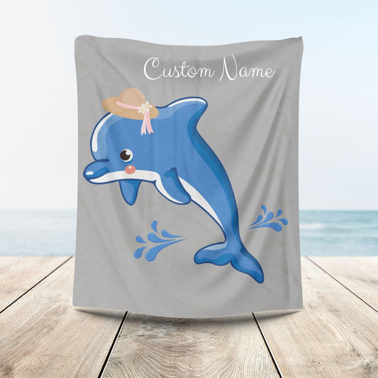 Dolphin wearing a straw hat with stylized water splashes Velveteen Plush Blanket