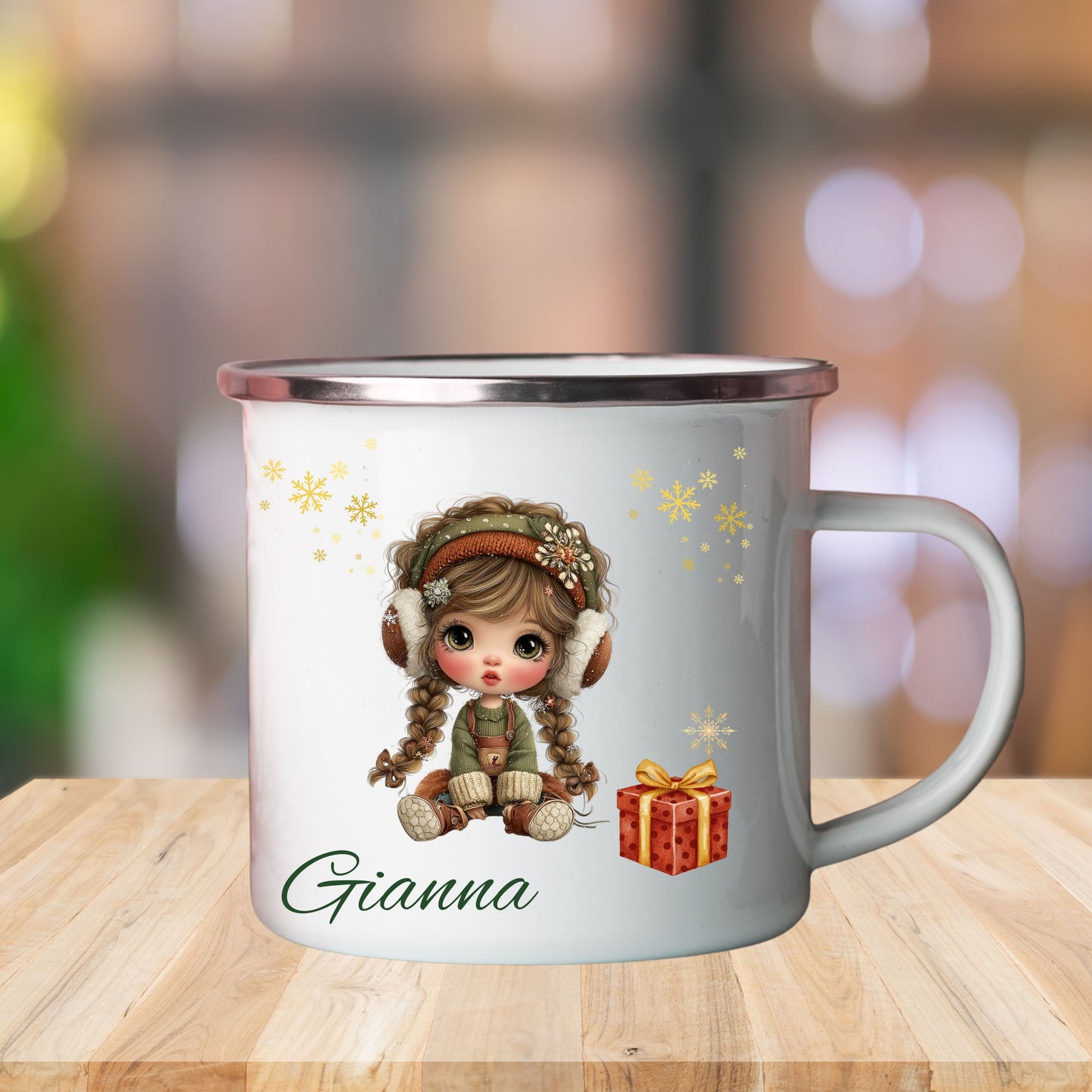 Personalized Enamel Camping Mug with Cute Winter Design