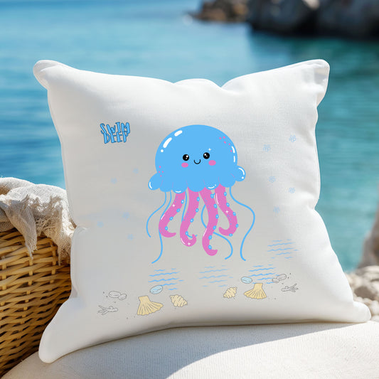 Blue jellyfish with pink tentacles Spun Polyester Square Pillow