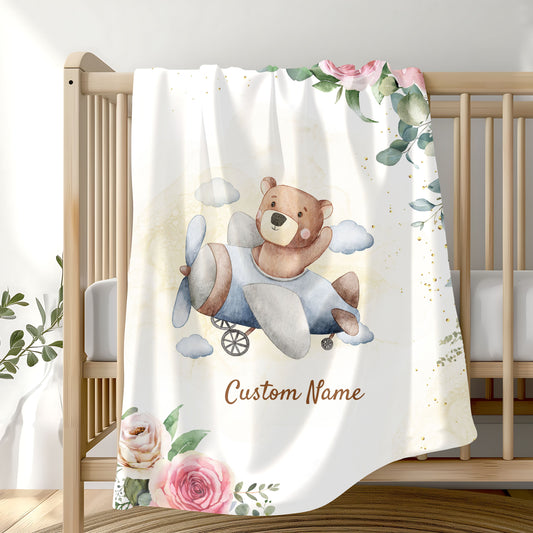 Personalized Velveteen Plush Blanket with Custom Name, Kids Blanket, Nursery Decor, Baby Shower Gift, Floral Bear Design
