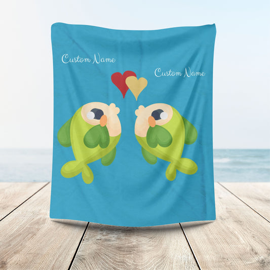 Two hearts float between the fish one red and one yellow Velveteen Plush Blanket