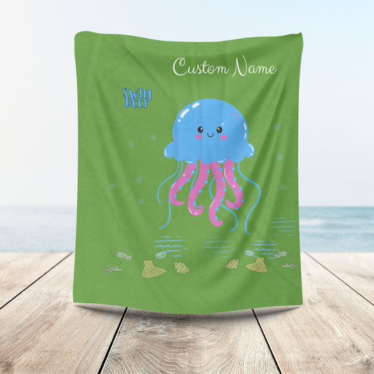 Blue jellyfish with pink tentacles Velveteen Plush Blanket
