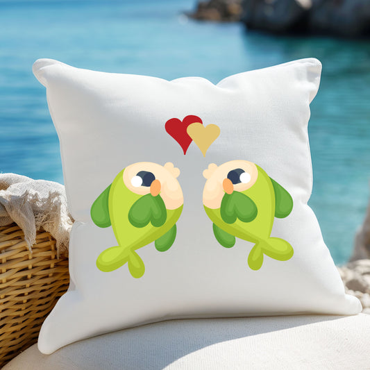 Two hearts float between the fish one red and one yellow Spun Polyester Square Pillow