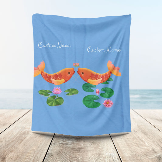 Golden koi fish with lotus flowers Velveteen Plush Blanket