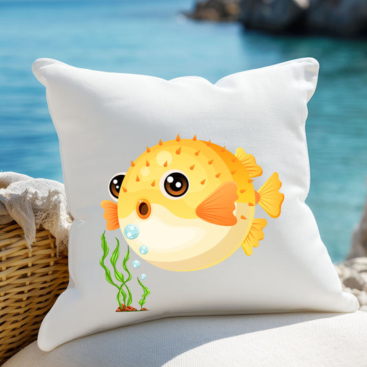 Cartoon Pufferfish with seaweed Spun Polyester Square Pillow