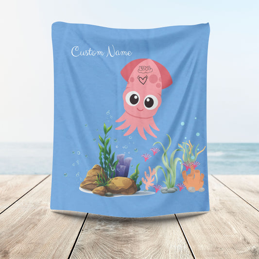 Pink squid cartoon with love Velveteen Plush Blanket