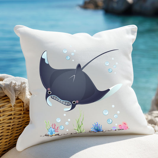 Manta ray with bubbles and coral reef Spun Polyester Square Pillow
