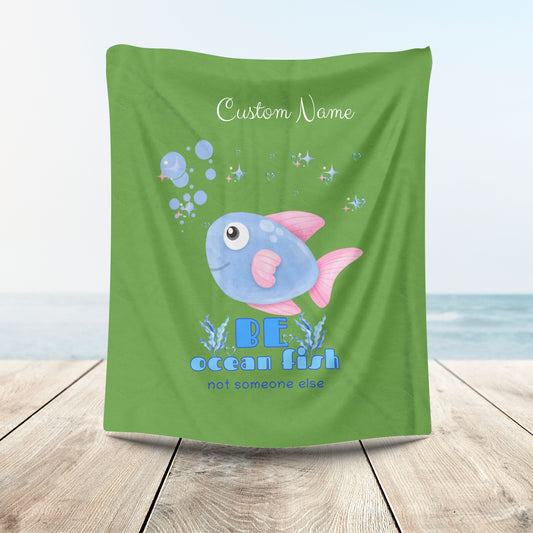 Cute cartoon fish with pink fins and bubble Velveteen Plush Blanket