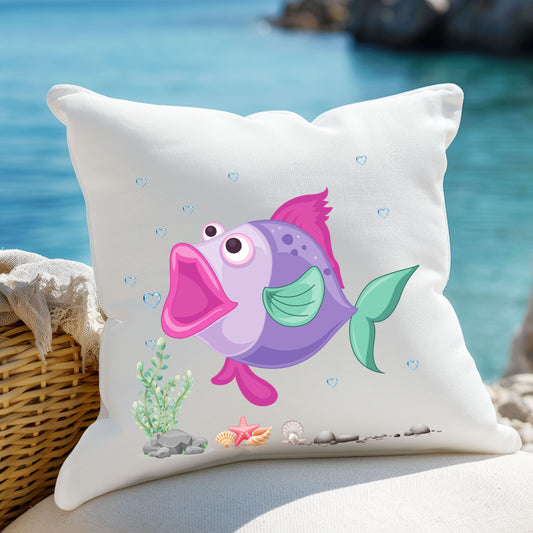 Fish with open mouth bubbles and underwater flora Spun Polyester Square Pillow