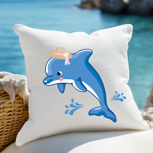 Dolphin wearing a straw hat with stylized water splashes Spun Polyester Square Pillow