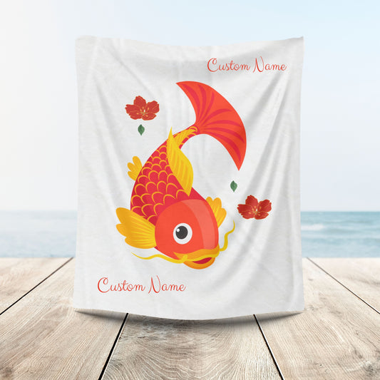 Goldfish with flowing fins and red blossoms Velveteen Plush Blanket