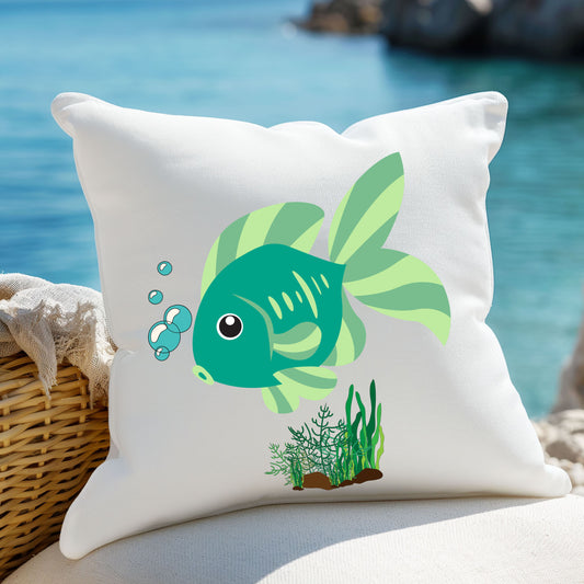Green fish with bubbles and aquatic plants Spun Polyester Square Pillow
