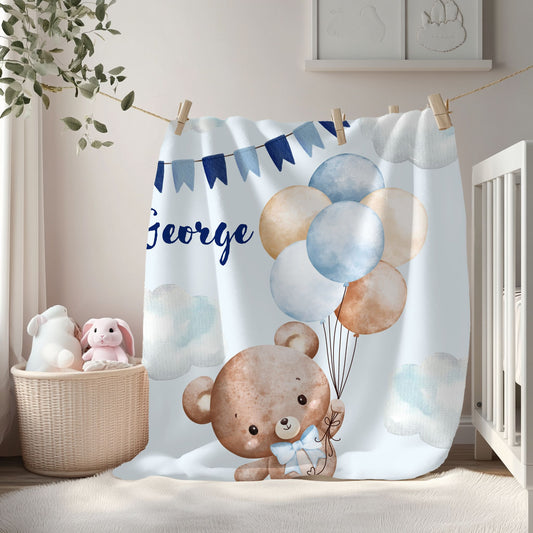 Personalized Velveteen Plush Blanket with Teddy Bear Design, Cozy Baby Gift, Nursery Decor, Baby Shower Blanket, Soft Baby Blanket