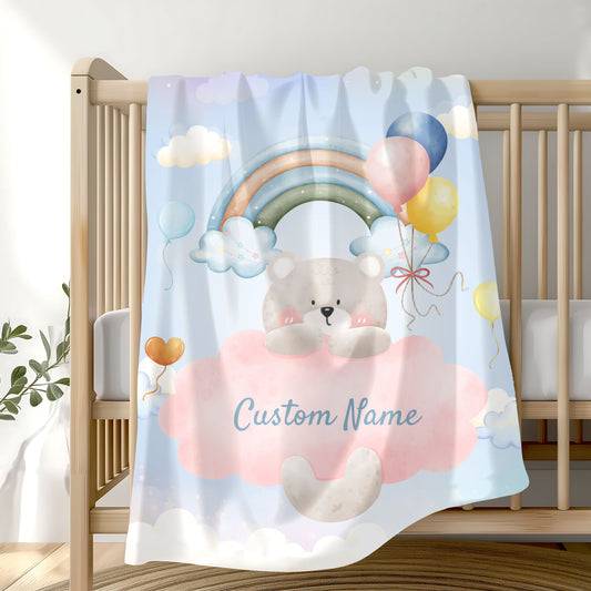 Custom Plush Blanket with Rainbow Bear Design, Soft Throw Blanket, Cozy Baby Blanket, Personalized Gift, Cute Nursery Decor
