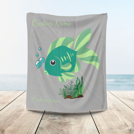 Green fish with bubbles and aquatic plants Velveteen Plush Blanket