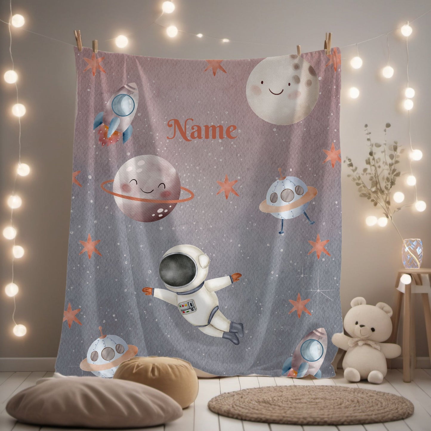 Personalized Space-Themed Velveteen Plush Blanket, Cozy Kids Blanket, Astronaut Decor, Custom Baby Shower Gift, Soft Throw Blanket