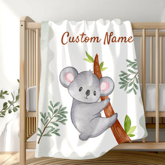 Custom Velveteen Plush Blanket with Adorable Koala Design, Cozy Gift for Kids, Nursery Decor, Personalized Baby Blanket, Holiday Gift Idea