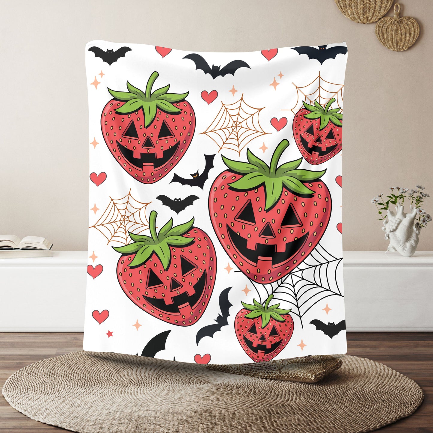 Halloween Strawberry Plush Blanket, Cozy Throw for Fall Decor, Cute Halloween Gift, Spooky Seasonal Blanket, Warm Home Accessory