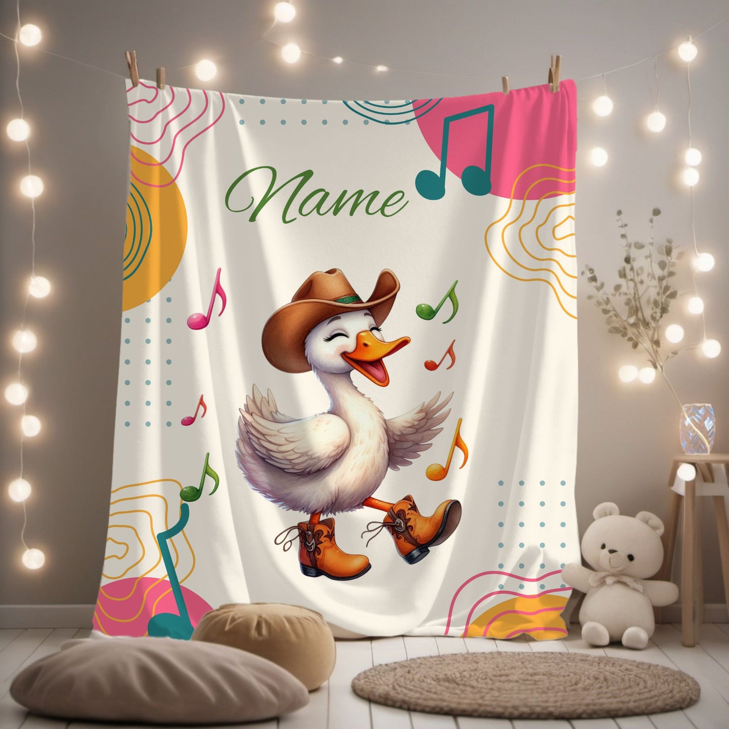 Personalized Velveteen Plush Blanket with Music Notes and Dancing Duck Design, Cozy Home Decor, Gift for Kids, Baby Shower, Nursery, [...]