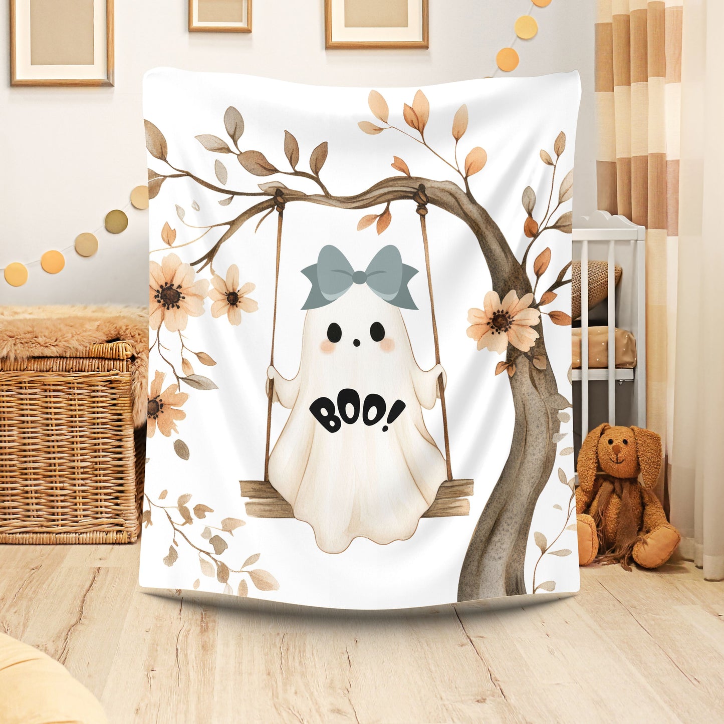 Cozy Halloween Velveteen Plush Blanket, Soft Throw for Fall Decor, Boo Ghost Design, Perfect for Movie Nights & Gifts