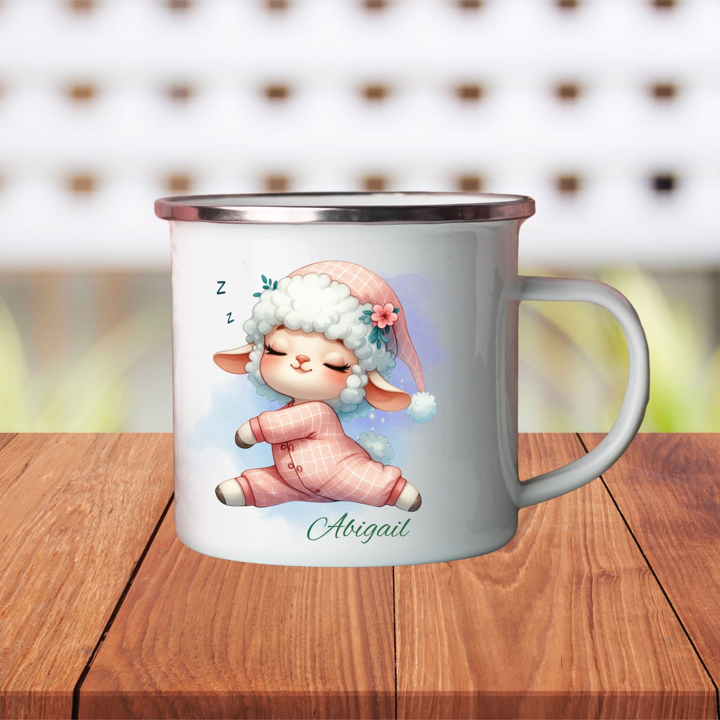 Personalized Enamel Camping Mug with Sleepy Sheep Design