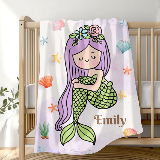 Mermaid Plush Blanket, Kids Throw Blanket, Personalized Blanket, Cozy Home Decor, Gift for Girls