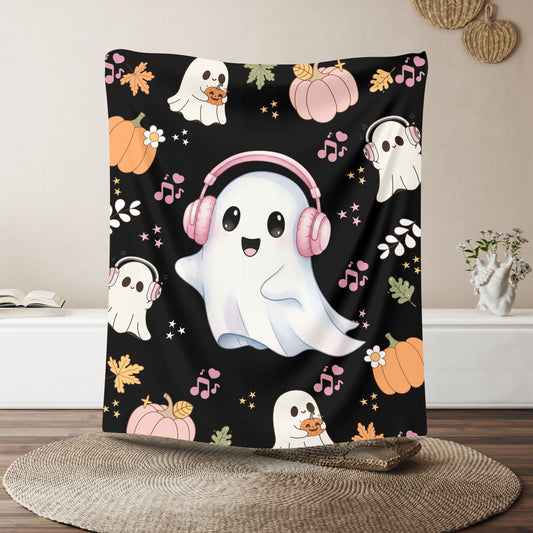 Cozy Halloween Ghost Blanket, Velveteen Plush Throw, Cute Fall Decor, Snuggle Blanket for Kids and Adults, Spooky Season Gift