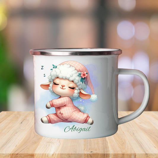 Personalized Enamel Camping Mug with Sleepy Sheep Design