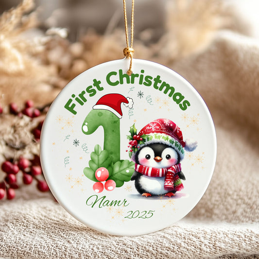 Personalized First Christmas Ornament, Cute Penguin and Dinosaur, Holiday Décor, Baby's First Ornament, Family Keepsake, Christmas 2025