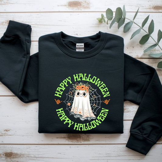 Halloween Ghost Sweatshirt, Cozy Fall Crewneck, Unisex Halloween Apparel, Cute Ghost Design, Perfect for Halloween Parties