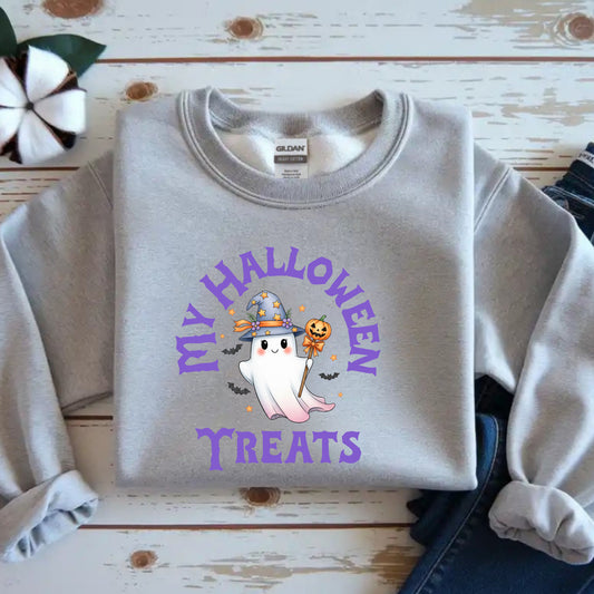 Halloween Ghost Crewneck Sweatshirt, Cozy Halloween Apparel, My Halloween Treats Sweatshirt, Fall Fashion, Spooky Season Gift