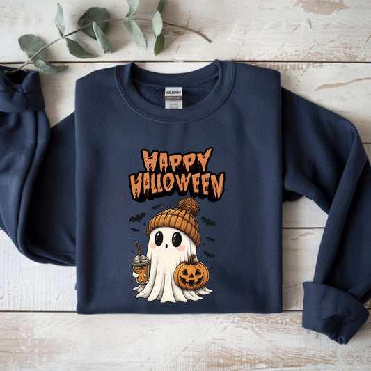 Cozy Halloween Sweatshirt, Unisex Crewneck with Ghost & Pumpkin Design, Fall Fashion, October Gifts, Spooky Season Apparel