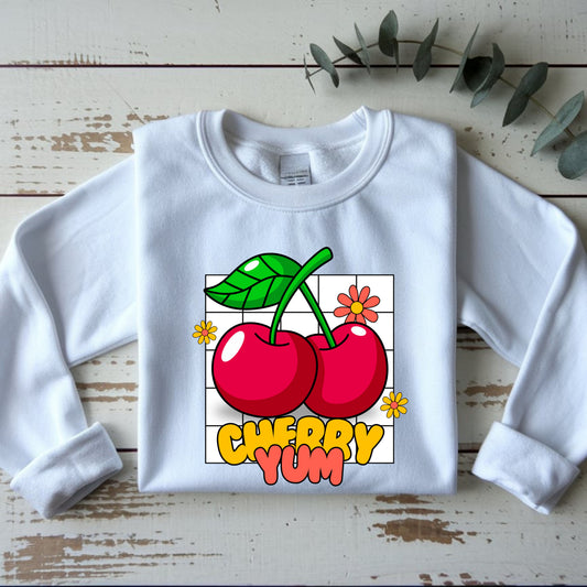 Cherry Yum Graphic Crewneck Sweatshirt | Cozy Unisex Sweater for Casual Wear, Gifts, Summer Vibes, Trendy Fashion, Foodie Apparel
