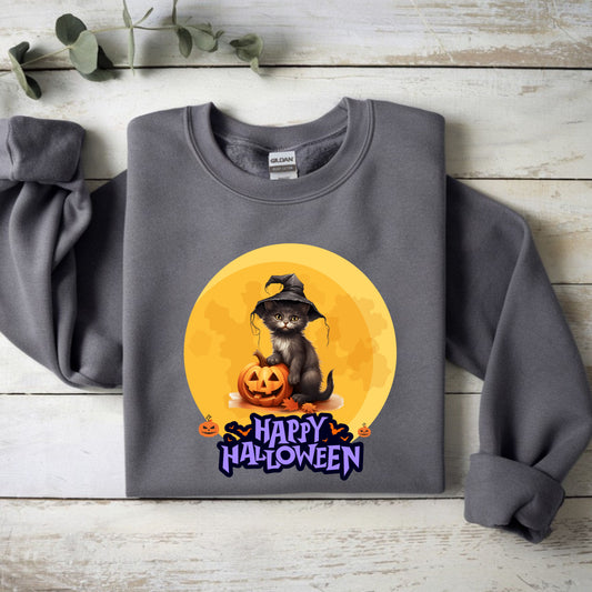 Halloween Cat Sweatshirt, Cozy Fall Sweater, Unisex Crewneck, Perfect for Halloween, Pet Lover Gift, Spooky Season Apparel