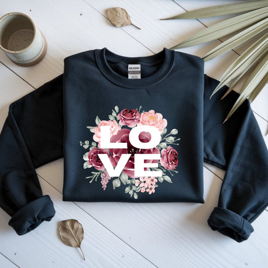Floral Love Crewneck Sweatshirt | Cozy Unisex Sweatshirt for Valentine's Day, Romantic Gift, Casual Wear, Stylish Layering