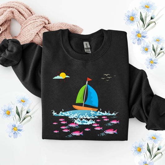 Sailboat and Red fish Lightweight Unisex Garment-Dyed Sweatshirt