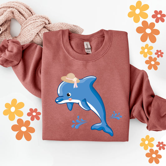 Dolphin wearing a straw hat with stylized water splashes Unisex Garment-Dyed Sweatshirt