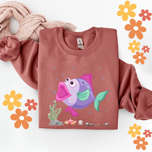 Fish with open mouth bubbles and underwater flora Unisex Garment-Dyed Sweatshirt