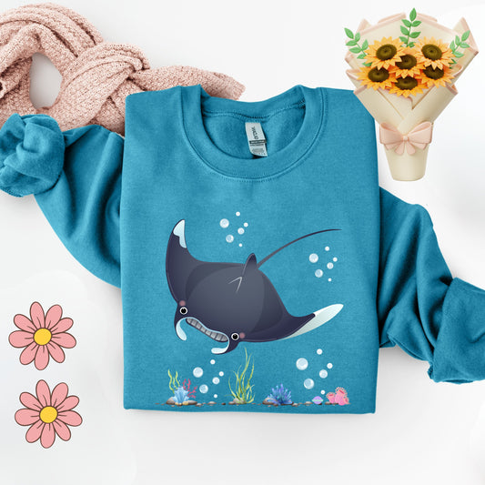 Manta ray with bubbles and coral reef Unisex Garment-Dyed Sweatshirt