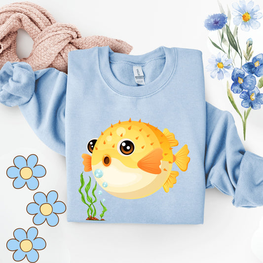 Cartoon Pufferfish with seaweed Unisex Garment-Dyed Sweatshirt
