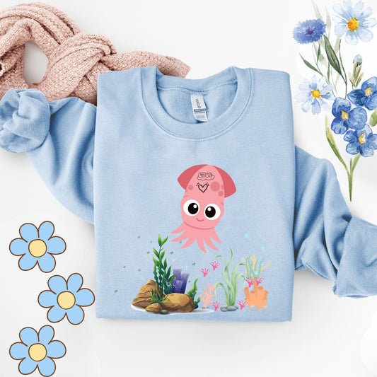 Pink squid cartoon with love Unisex Garment-Dyed Sweatshirt