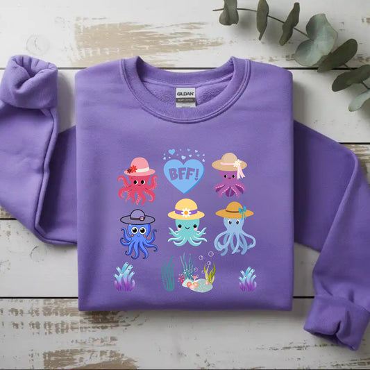 Cute Octopus BFF Sweatshirt, Gift for Friends, Ocean Lover Apparel, Matching Outfits, Cozy Crewneck for Celebrations