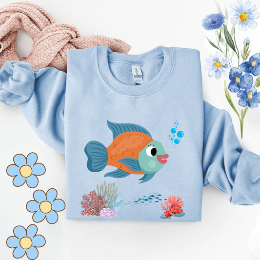 Orange and blue fish with coral and bubble Unisex Garment-Dyed Sweatshirt