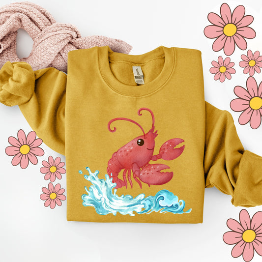 Cheerful red lobster emerging from stylized blue waves Unisex Garment-Dyed Sweatshirt
