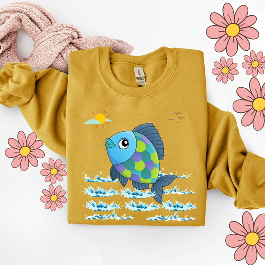 Fish with a sun and birds in the sky above water Unisex Garment-Dyed Sweatshirt