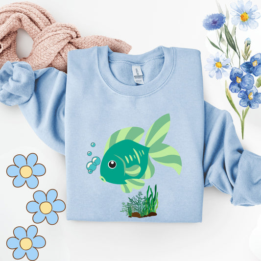 Green fish with bubbles and aquatic plants Unisex Garment-Dyed Sweatshirt