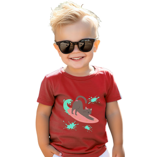 Surfing Cat Toddler Tee, Cute Kids T-Shirt, Summer Wear, Pet Lover Gift, Beach Adventure Shirt